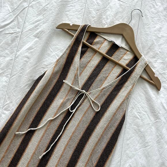 Brown Striped Zara Tie-front Cotton Blend Tank Midi Dress Size M - Picture 1 of 8